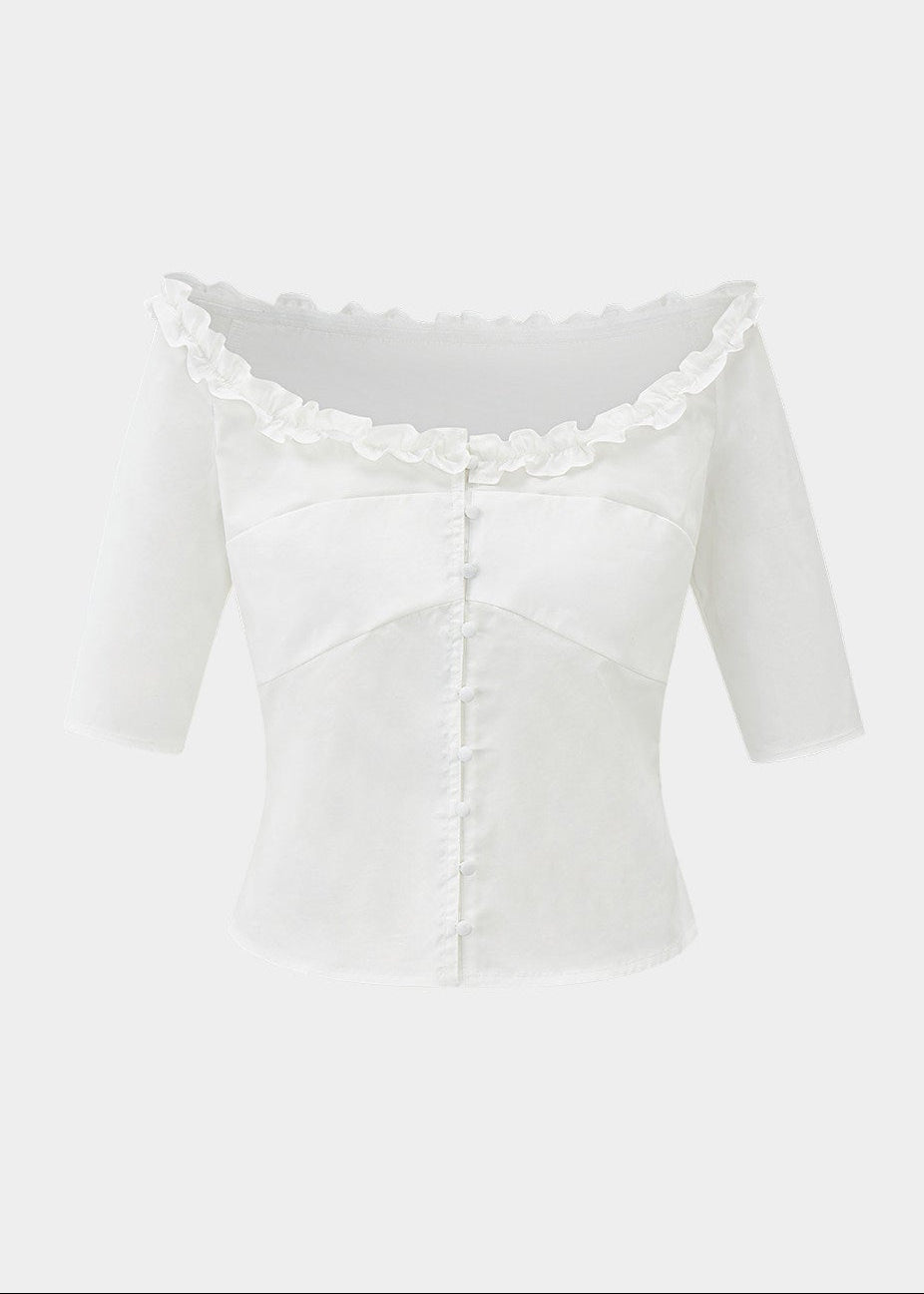 off shoulder blouse, ruffle trim blouse, feminine Korean top, court style blouse, waist cinching blouse, romantic summer top, light blue blouse, vintage inspired blouse, button front top, elegant off shoulder shirt, cotton blend blouse, Korean fashion top, dressy summer blouse, soft girl blouse, LaLuneDuCiel style top