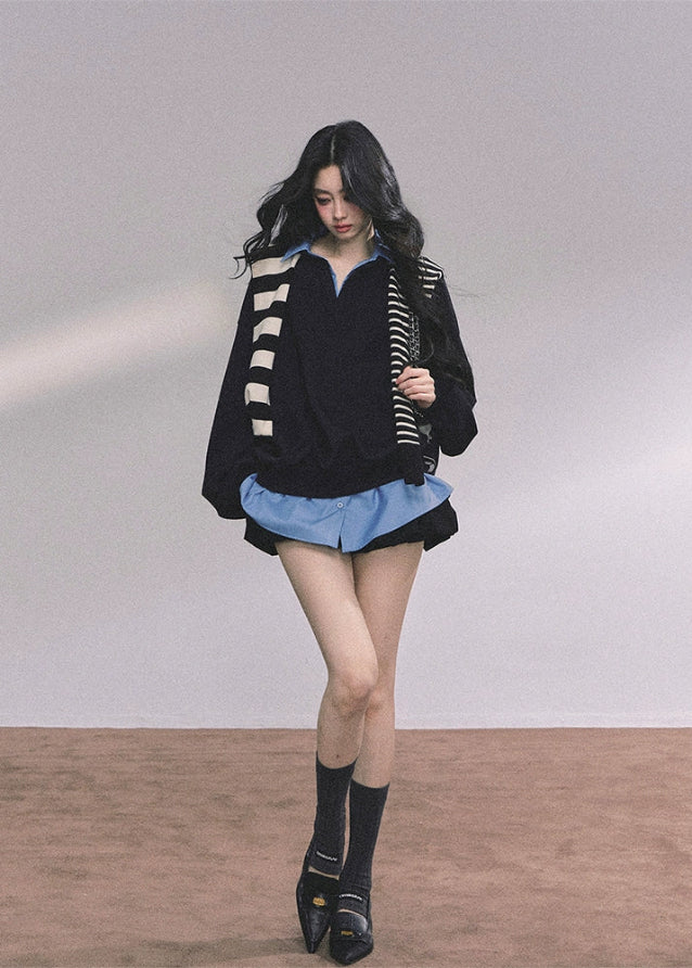 oversize sweatshirt women, layered polo sweatshirt, fake two piece top, Korean preppy style top, American college style pullover, fall winter oversized top, blue layered sweatshirt, preppy polo collar top, Korean fashion women tops, streetwear layered sweatshirt, oversized polo sweater, womens autumn casual tops
