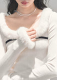 Korean knit top, winter fuzzy trim sweater, faux fur neckline top, soft girl aesthetic clothing, warm winter knitwear, elegant feminine top, scoop neck fur sweater, AOMALM winter collection, soft knit base layer, cozy Korean fashion, romantic winter outfit, long sleeve fur trim shirt, warm cute sweater womens, holiday knit top, Korean winter style 2025, soft touch knitwear, winter layering tops, white fuzzy sweater womens.