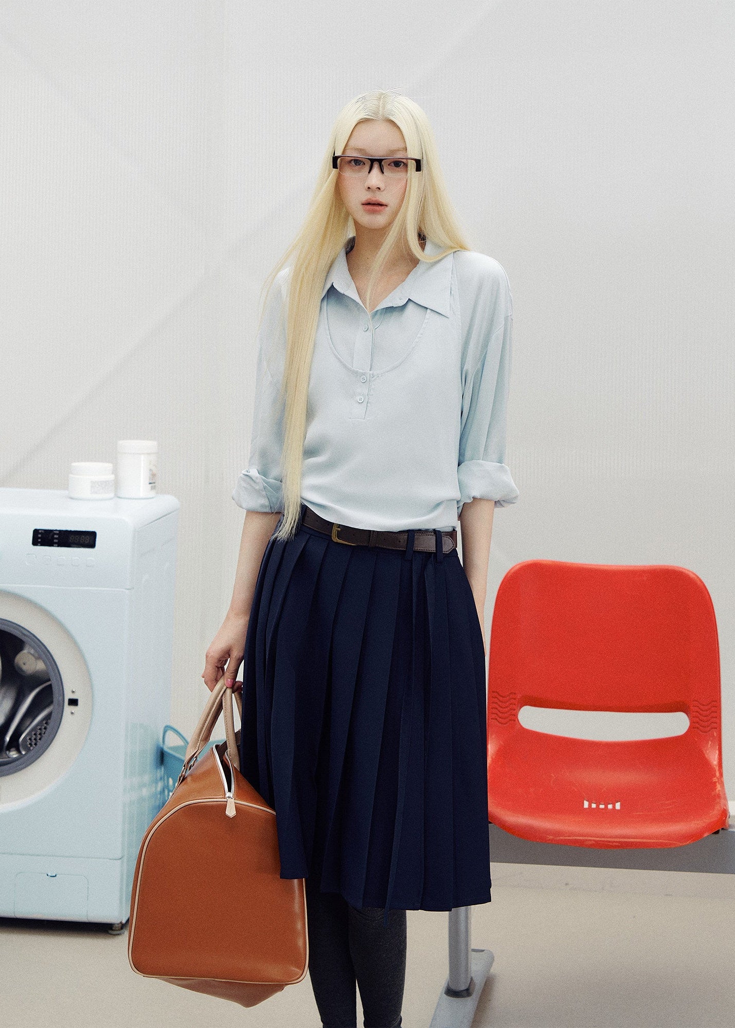 Korean-style blue button-up shirt with a coordinating draped layer