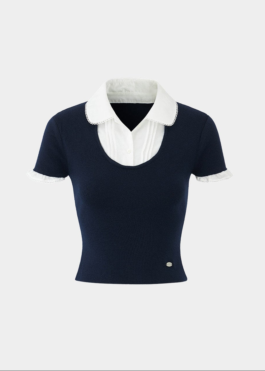 layered knit top women, fake two piece top, shirt collar knit, korean fashion top, spring outfit ideas, slim fit knit top, short sleeve knit women, feminine casual top, lightweight knitwear, aesthetic fashion top, modern feminine clothing, versatile everyday top, parisian style clothing, fitted knit blouse, clean line top, refined casual wear, minimal style top, chic everyday outfit, spring wardrobe essential, contrast collar top