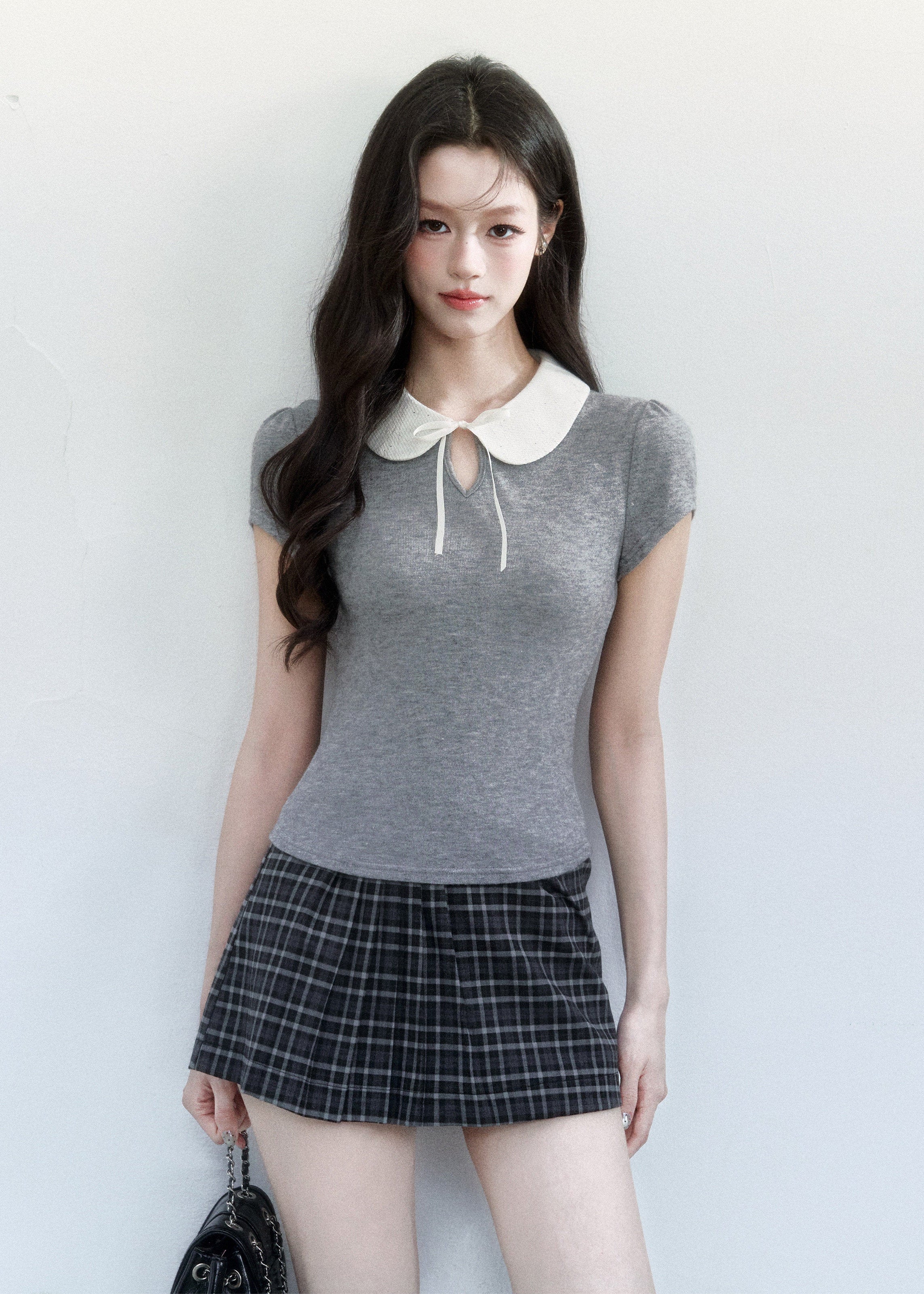 fragileheart top, doll collar t-shirt, peter pan collar top, korean feminine top, slim short sleeve top, preppy summer top, campus style top, cute korean fashion, pink collar top, gray collar top, soft girl top, feminine fitted tee