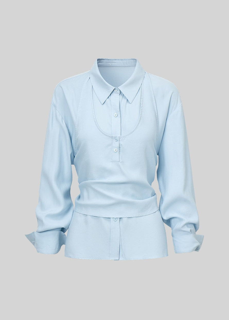 Korean-style blue button-up shirt with a coordinating draped layer