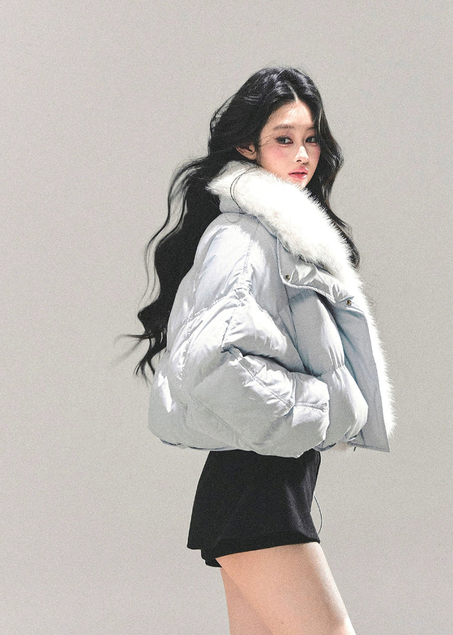 AOMALM down jacket, Korean winter jacket women, cropped fur hood jacket, white duck down coat, soft girl winter outfit, blue cropped puff jacket, warm thick down coat, Korean fashion 2025 winter, feminine winter jacket, plush collar down coat