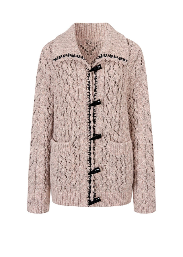 VIAPITTI knit coat, horn buckle sweater jacket, oversized winter knit, industrial streetwear women, fall winter lazy style top, heavy knit lapel coat, toggle knit jacket, rugged textured sweater, K-fashion 2025, urban street knitwear, warm loose knit coat, soft grunge knit jacket
