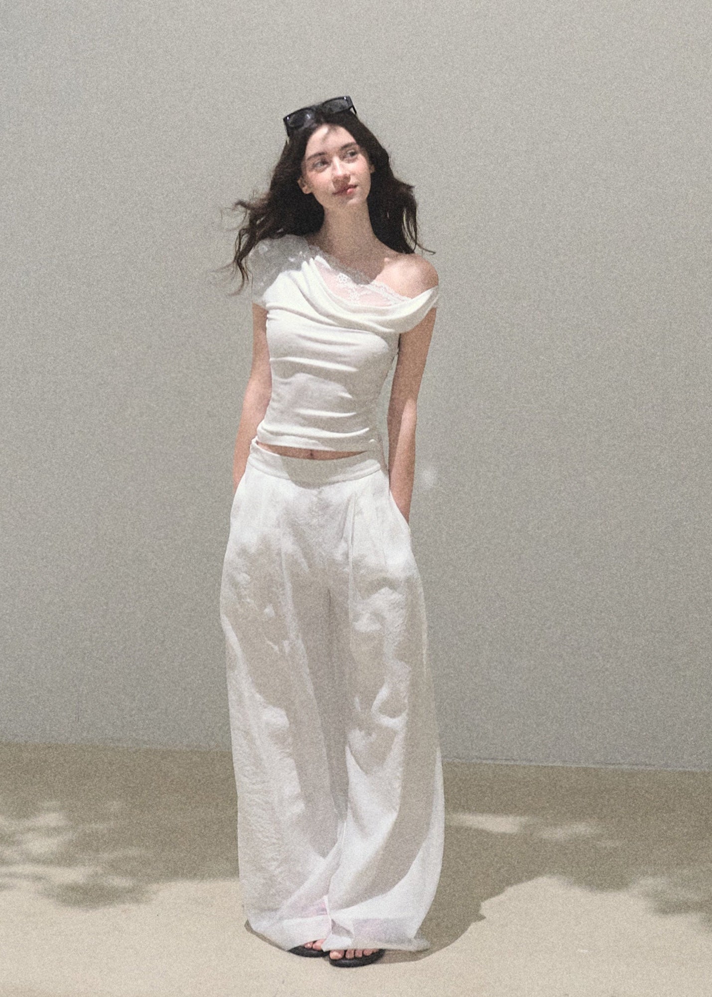 oakmoo pants, mesh wide leg pants, ivory wide leg pants, korean minimal fashion, resort pants women, loose straight leg pants, drapey summer pants, quiet luxury pants, lightweight summer trousers, old money style pants, airy vacation pants, relaxed wide leg pants