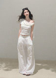 oakmoo pants, mesh wide leg pants, ivory wide leg pants, korean minimal fashion, resort pants women, loose straight leg pants, drapey summer pants, quiet luxury pants, lightweight summer trousers, old money style pants, airy vacation pants, relaxed wide leg pants