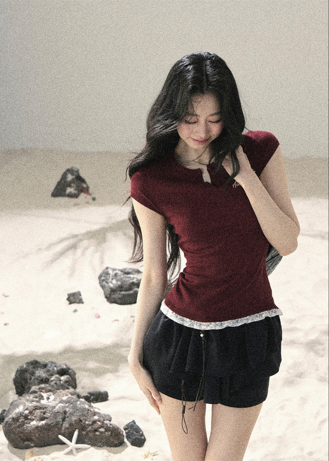 aomalm top, lace hem baby tee, faux layered t-shirt, korean feminine top, american casual top, waist cinching tee, slim summer top, letter embroidered top, lace trim t-shirt, commuter summer top, cropped fitted tee, feminine korean fashion