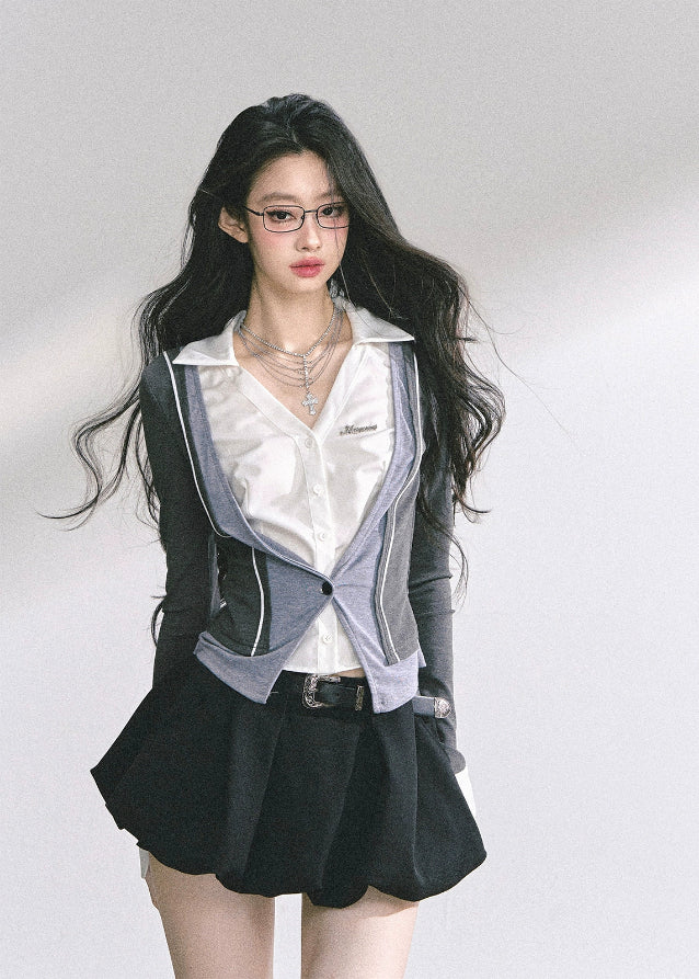 korean fake two piece top, british prep style knit, korean long sleeve polo top, seoul fashion top women, korean streetwear chic outfit, slim fit preppy top women, british college inspired blouse, korean hot girl street fashion, plaid accent layered top, korean fall outfit long sleeve, slim waist design top, trendy korean autumn top, korean aesthetic fashion, london prep chic top, korean fashion two piece illusion blouse