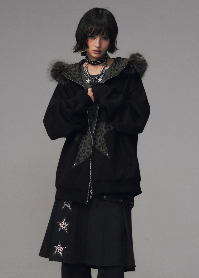 Frustration Garden hoodie, cat ear hoodie jacket, grunge fur hood sweatshirt, leopard star hoodie, edgy winter jacket women, punk fleece zip jacket, alternative streetwear coat, goth cat ear coat, oversized fur hood jacket