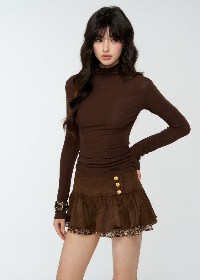 4muggle, lyocell wool turtleneck, slim fit high neck top, thermal base layer, women’s winter knit top, brown turtleneck shirt, supermodel silhouette top, stretchy soft knit, Korean style top, autumn winter layering, hot diamond detail top, second skin fit, chic stylish basics, warm long sleeve top