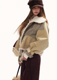 plaid spliced jacket women, fur collar jacket women, y2k street jacket, oversized lapel jacket, autumn winter jacket women, fashion street outerwear, casual statement jacket, retro inspired jacket, mixed fabric jacket women, trendy winter jacket, high fashion street jacket, mamc outerwear style, bold women jacket, streetwear coat women, y2k fashion jacket