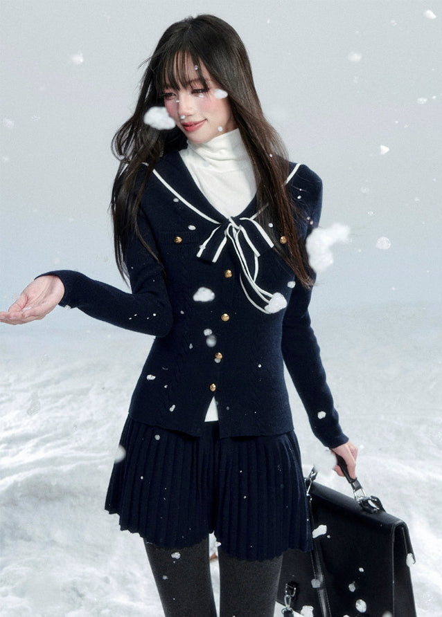 Fragile Heart navy knit top, bow tie sweater, sailor collar knit blouse, Korean girly knitwear, feminine ribbon sweater, waist-slim knit top, soft waxy knit shirt, pretty navy bow top, winter Korean romantic sweater, cute preppy knit blouse, AW feminine soft knit top