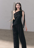 Black asymmetrical draped tank top with one-shoulder detail