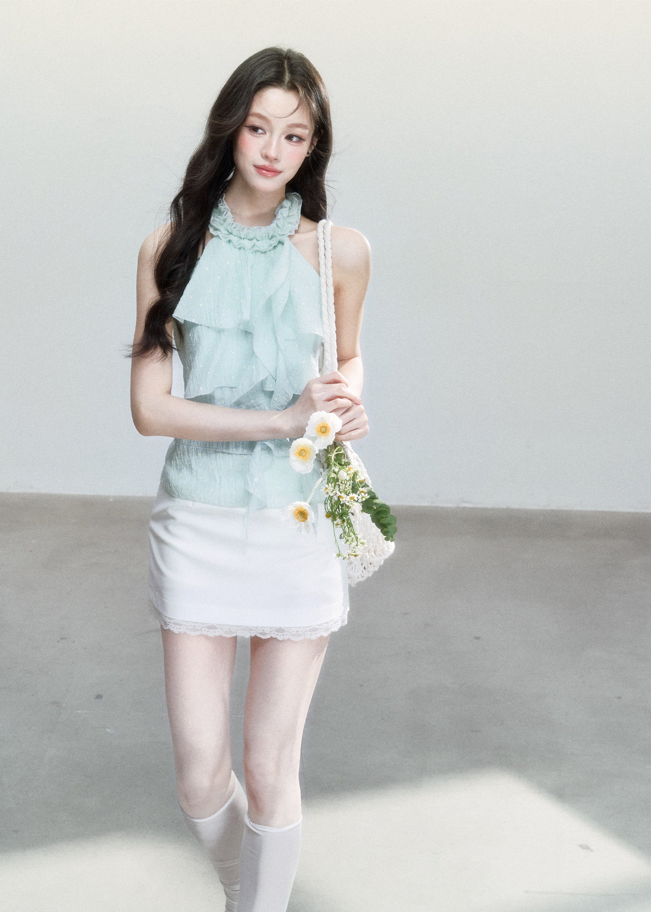 fragileheart top, mint halter camisole, ruffle camisole top, korean feminine top, mint green summer top, polka dot cami, sweet korean fashion, ruffled halter top, soft girl camisole, summer cami top, feminine resort top, cute mint top