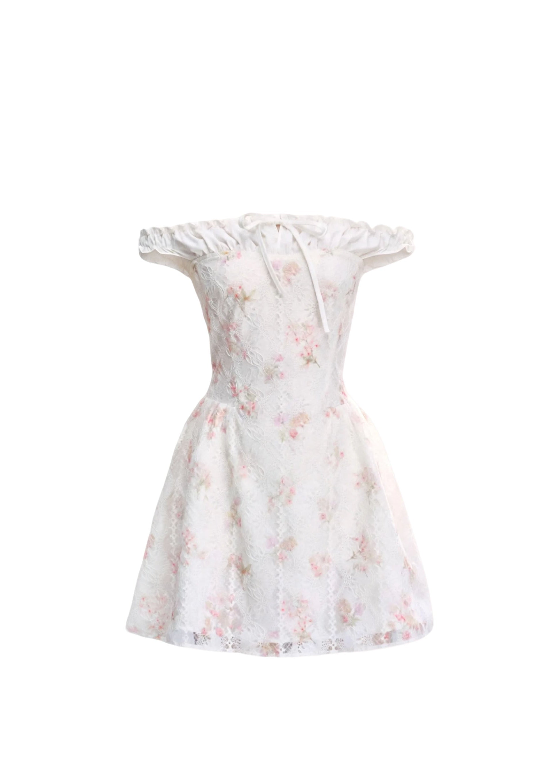 fragileheart dress, off shoulder floral dress, ivory mini dress, floral patchwork dress, korean feminine dress, romantic summer dress, vacation mini dress, soft girl dress, feminine floral dress, cream floral mini dress, summer date dress, korean vacation outfit