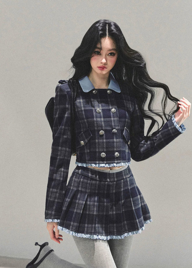 Proust Blue set, plaid suit set, collegiate jacket women, winter plaid skirt set, Korean two-piece outfit, AOMALM suit set, academic style outfit, Korean winter fashion, plaid mini skirt, tailored winter jacket, K-fashion set, blue plaid outfit, elegant winter outfit women, campus style clothing, wool blend jacket women, date outfit winter, Korean street style, cute two-piece set, winter feminine fashion, plaid matching set