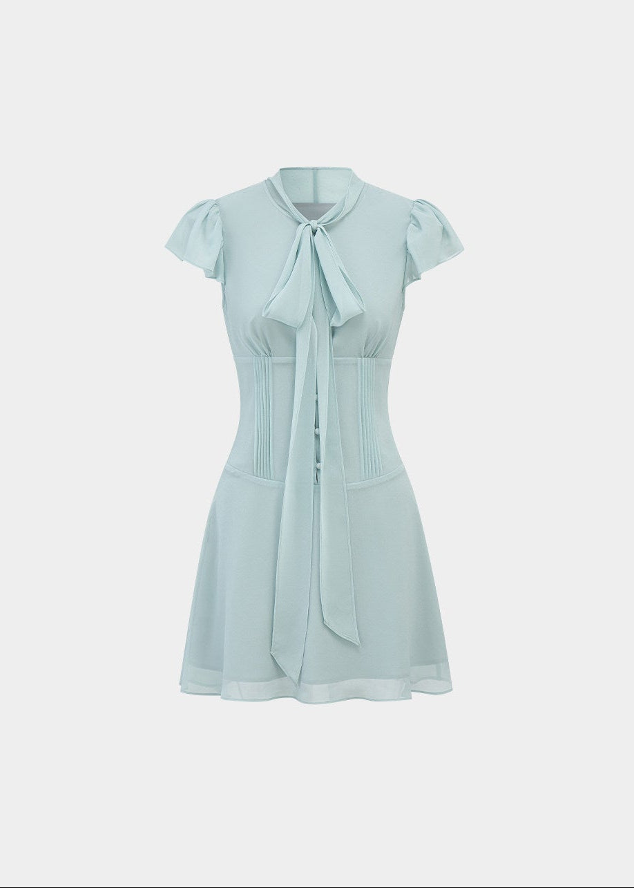bow-tie chiffon mini dress, white chiffon dress, flutter sleeve mini dress, feminine korean dress, romantic summer dress, fit and flare mini dress, tie-neck dress, elegant white mini dress, soft girl summer dress, vacation mini dress, café date dress, graceful chiffon dress