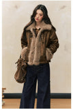 Retro coat brown slim fur splicing coat