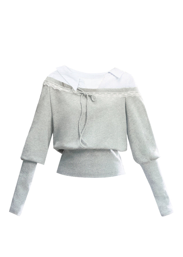 Fragileheart layered set, blue striped pleated skirt, luxury Korean fashion, preppy K-fashion outfit, faux two-piece knit top, quiet luxury womenswear, pastel noir aesthetic, elegant school style, 2025 autumn collection, modern feminine outfit, soft grey sweatshirt set, chic Korean look, academic romantic fashion, delicate layered design
