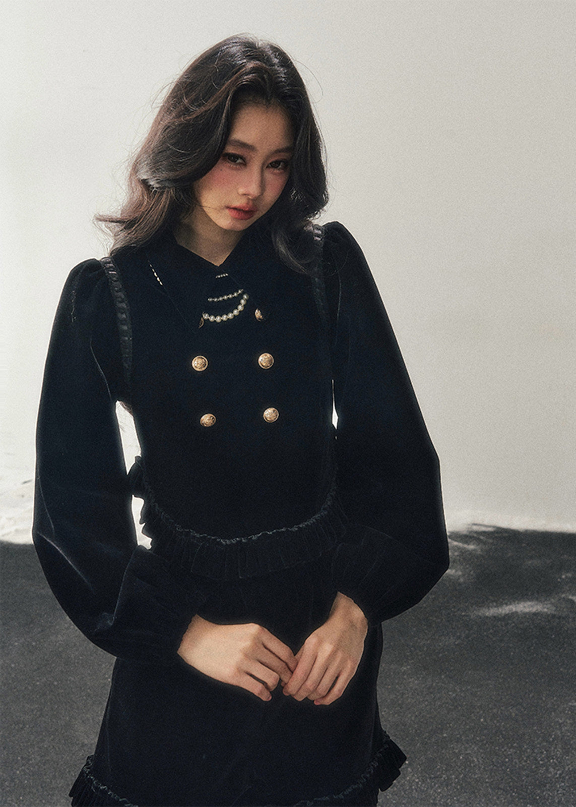 velvet two piece set women, french style velvet outfit, winter velvet top skirt set, korean minimal fashion women, elegant short skirt set, refined women velvet set, gold button velvet top, feminine winter outfit, premium women clothing, aomalm velvet style, understated luxury women wear, modern french inspired set, winter fashion women set, classic velvet ensemble, calm elegant winter outfit