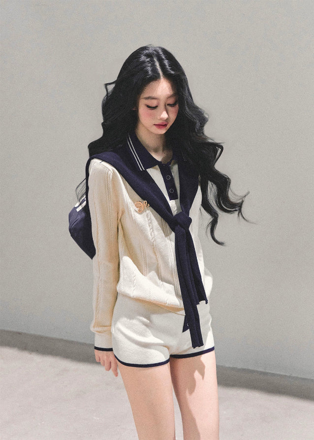 AOMALM knit set, AOMALM morning mist knit, Korean preppy knit outfit, cream navy knit two piece, varsity knit short set, autumn winter knit co ord, soft girl Korean fashion, long sleeve knit top and shorts, K fashion loungewear set, cozy college style outfit, feminine Korean knitwear, Seoul street preppy style, Korean knit shorts set, cute knit two piece for winter, soft knit polo top