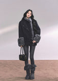 fur trim winter coat women, french luxury padded jacket, plush warm cotton coat, black winter fur jacket, fw25 warm outerwear, double breasted plush coat, korean winter padded jacket women, elegant fur trim jacket, late autumn warm coat
