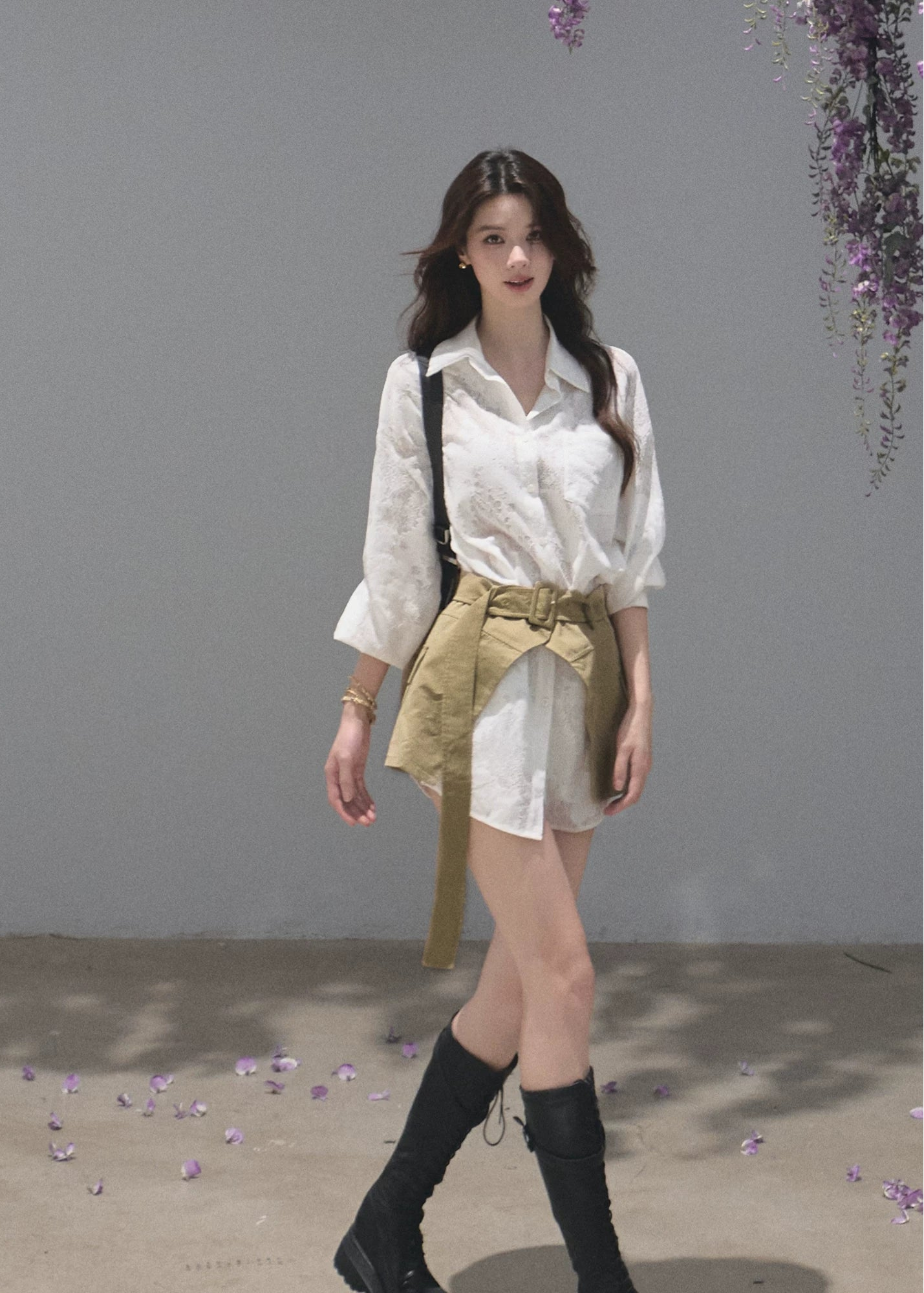 Natural Season LaModel wearing a white shirt dress with a natural lace-up waist cincherce-Waist Shirt Dress Set