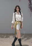 Natural Season LaModel wearing a white shirt dress with a natural lace-up waist cincherce-Waist Shirt Dress Set