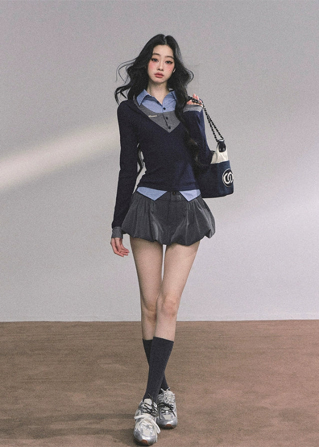 layered polo knit top, fake three piece top women, plaid knit polo shirt, korean prep style top, autumn slim knit shirt, smart girl aesthetic top, layered preppy blouse, navy knit plaid shirt, korean fashion polo knit, college style layered top, cute school girl top, preppy chic knitwear, long sleeve layered t-shirt women, elegant academic top, triple layer knit shirt
