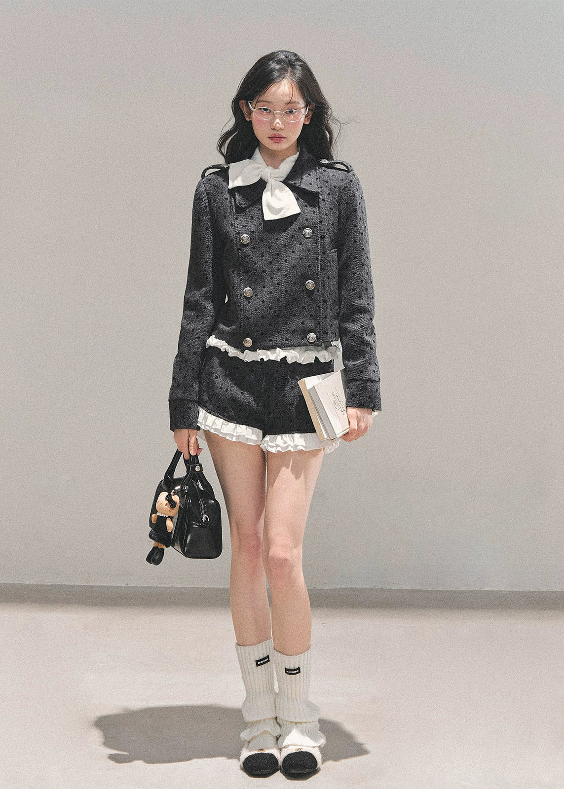 Korean wool suit set, feminine winter outfit, polka dot wool jacket, lace trim shorts set, Korean girly fashion, AOMALM suit set, soft feminine aesthetic, Korean winter clothing, cute wool two-piece, winter date outfit women, lace detail jacket, Korean street style winter, sweet girl fashion, polka dot tweed set, elegant wool short suit, Korean chic outfit, winter feminine suit set, lace trimmed wool jacket