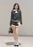 Korean wool suit set, feminine winter outfit, polka dot wool jacket, lace trim shorts set, Korean girly fashion, AOMALM suit set, soft feminine aesthetic, Korean winter clothing, cute wool two-piece, winter date outfit women, lace detail jacket, Korean street style winter, sweet girl fashion, polka dot tweed set, elegant wool short suit, Korean chic outfit, winter feminine suit set, lace trimmed wool jacket