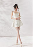 ivory a line dress, square neck dress women, white summer dress, french style mini dress, korean fashion dress, romantic summer dress, sleeveless a line dress, vacation dress women, feminine summer outfit, elegant casual dress