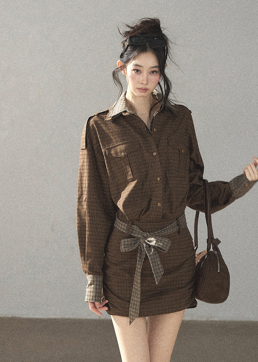 Soft academic plaid mini dress with long sleeves