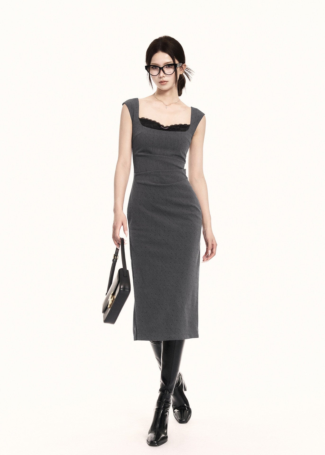 Long square-neck dress with a sleek slim silhouette