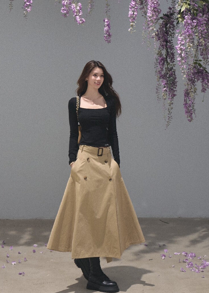 Khaki A-line midi skirt with a coordinating buckle belt