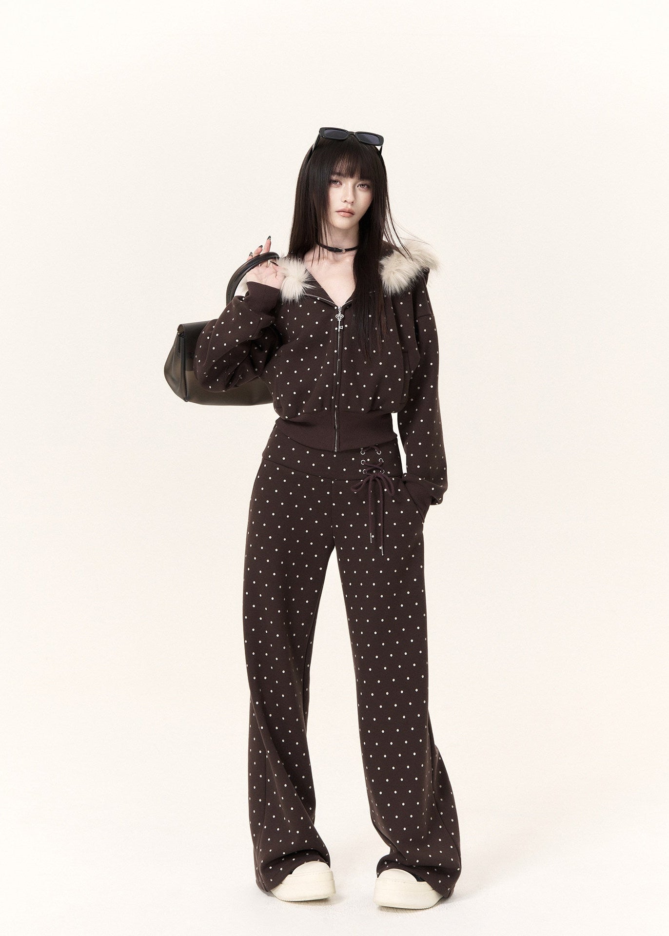 vintage polka dot cropped hoodie jacket with faux fur trim