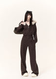 vintage polka dot cropped hoodie jacket with faux fur trim