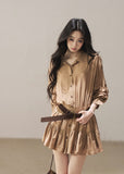 Golden beige lapel dress set with inner shorts