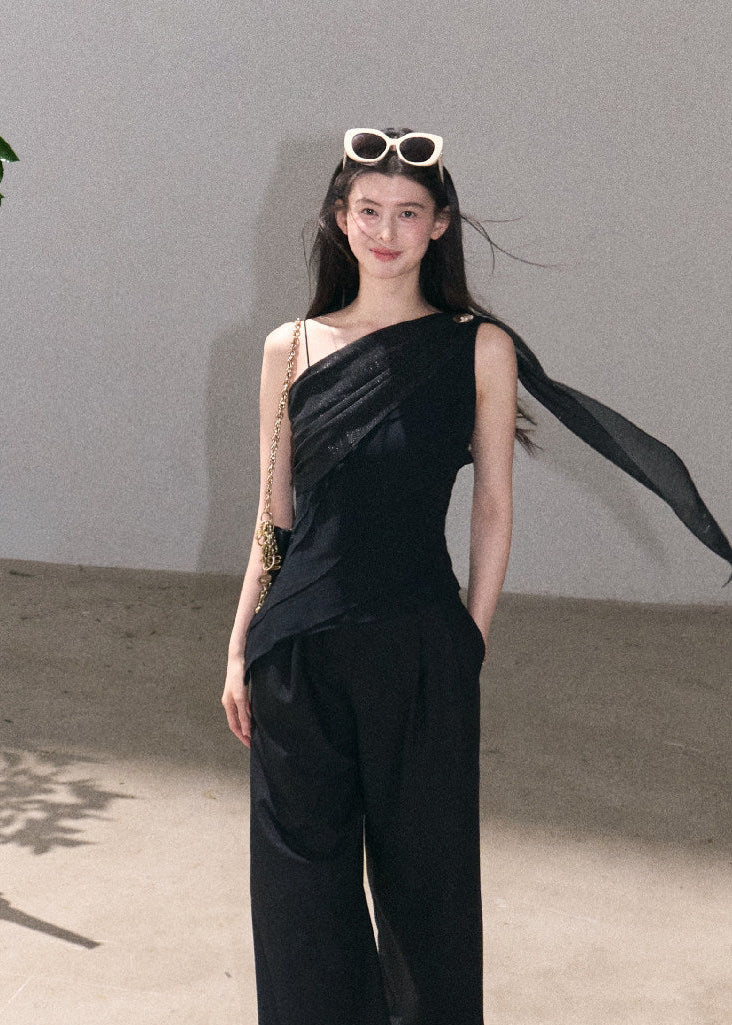 Black asymmetrical draped tank top with one-shoulder detail