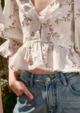 Cream flower print blouse with puff sleeves