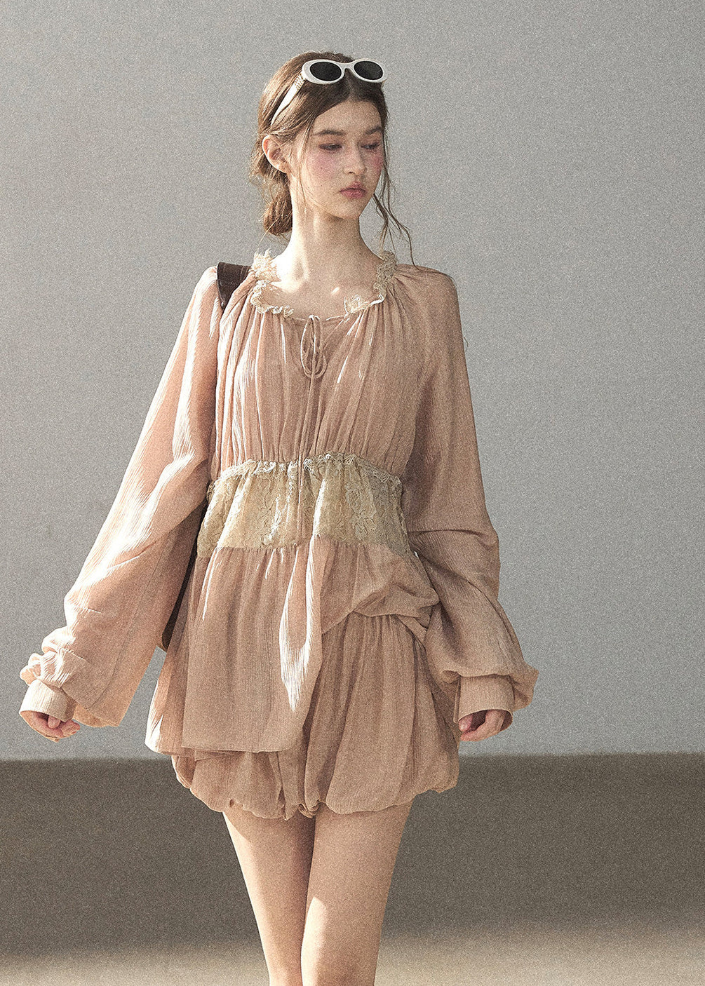 Blush lace waist blouse and skort two-piece set
