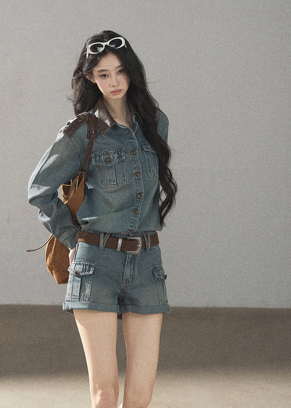 Loose denim commuter jacket and shorts set