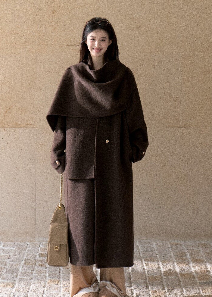 Oversized double-faced wool coat with statement scarf collar