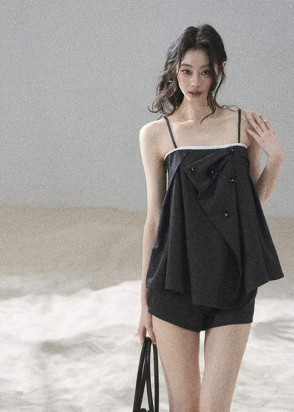Korean-inspired black cami and high-waisted shorts outfit