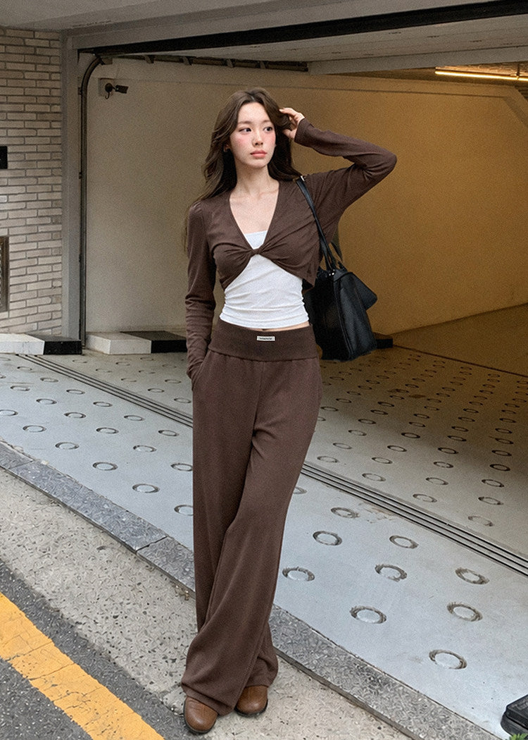 Layered-look long-sleeve top and foldover-waist pants set in blue gray