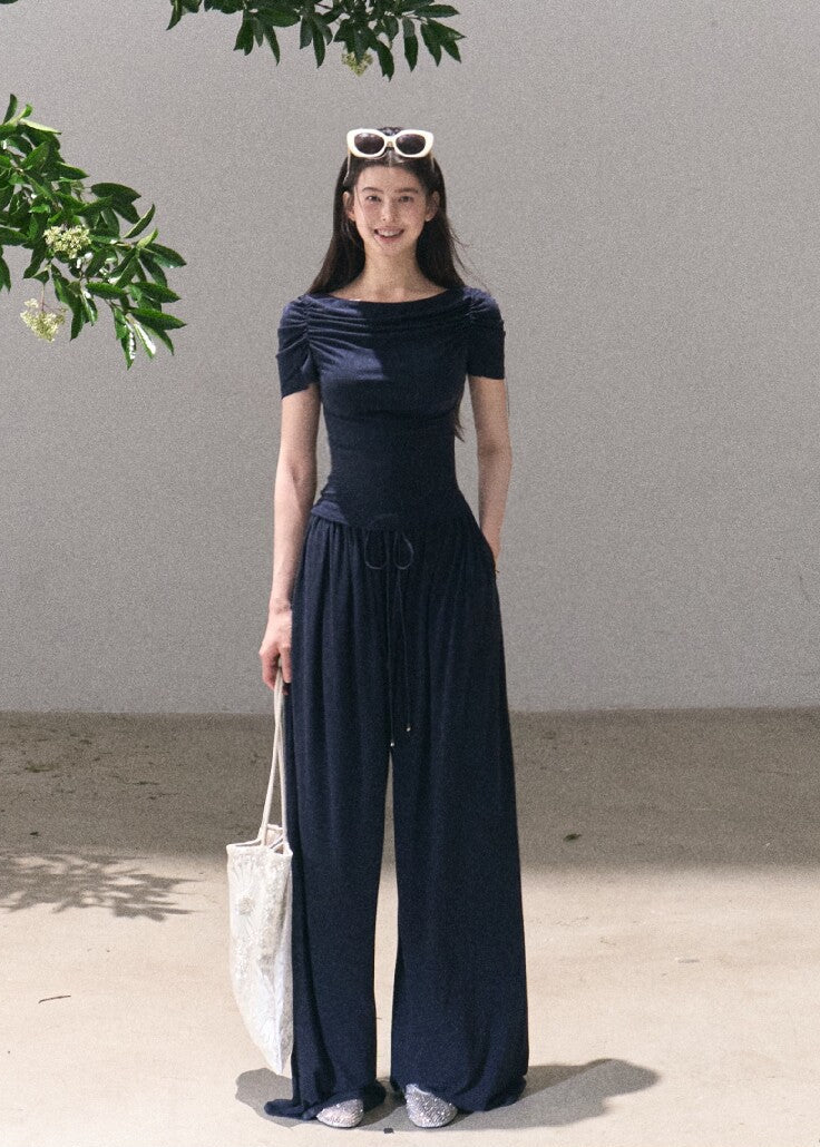 Deep navy off-shoulder top and wide-leg pants set