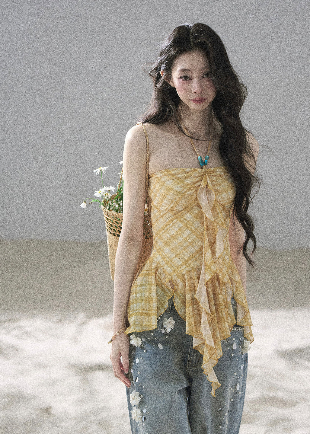French-inspired plaid summer top with delicate shoulder straps