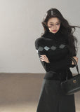 Black argyle shawl layered wool blend cardigan with diamond pattern