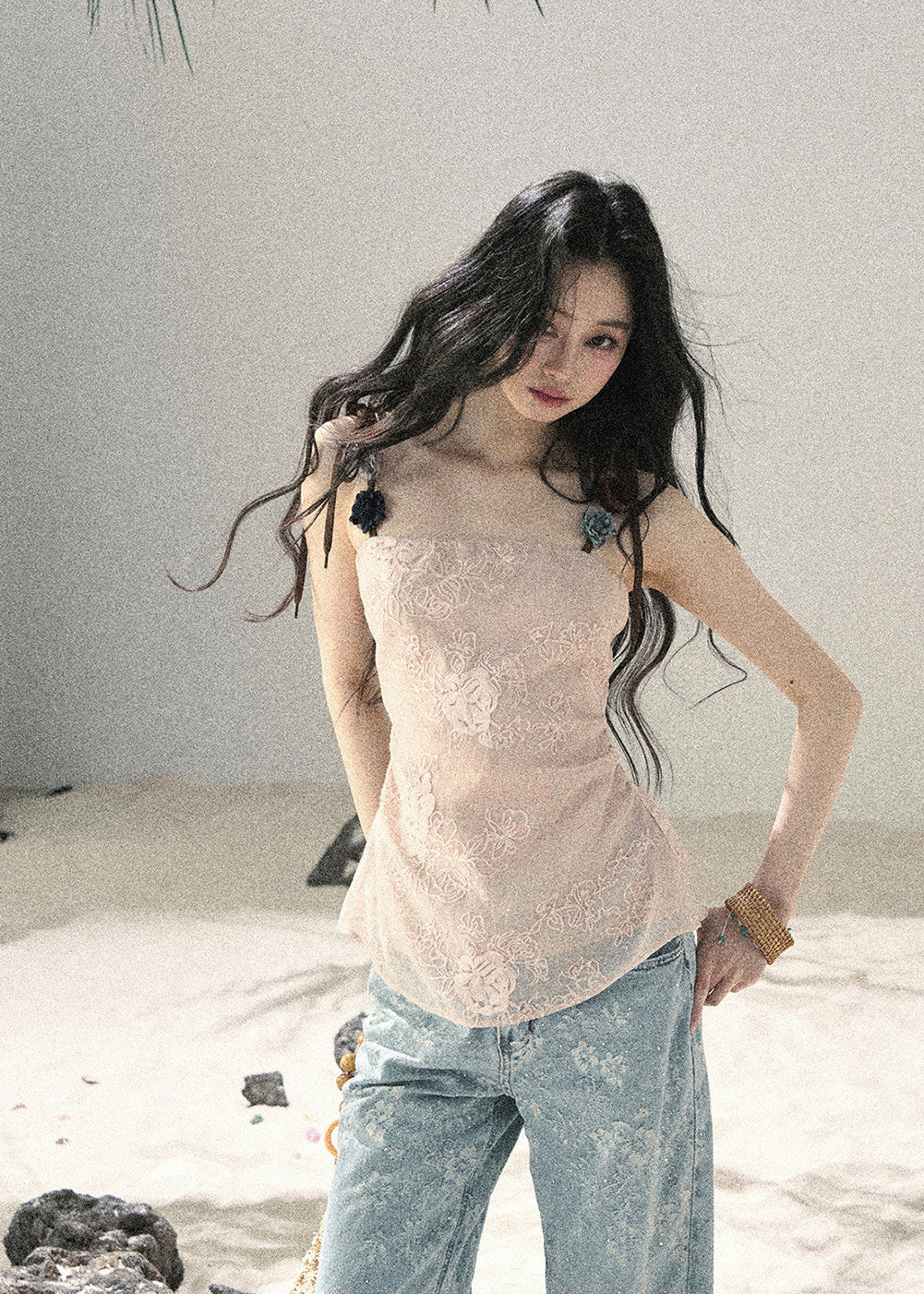 Romantic sheer woven strap top in soft pink